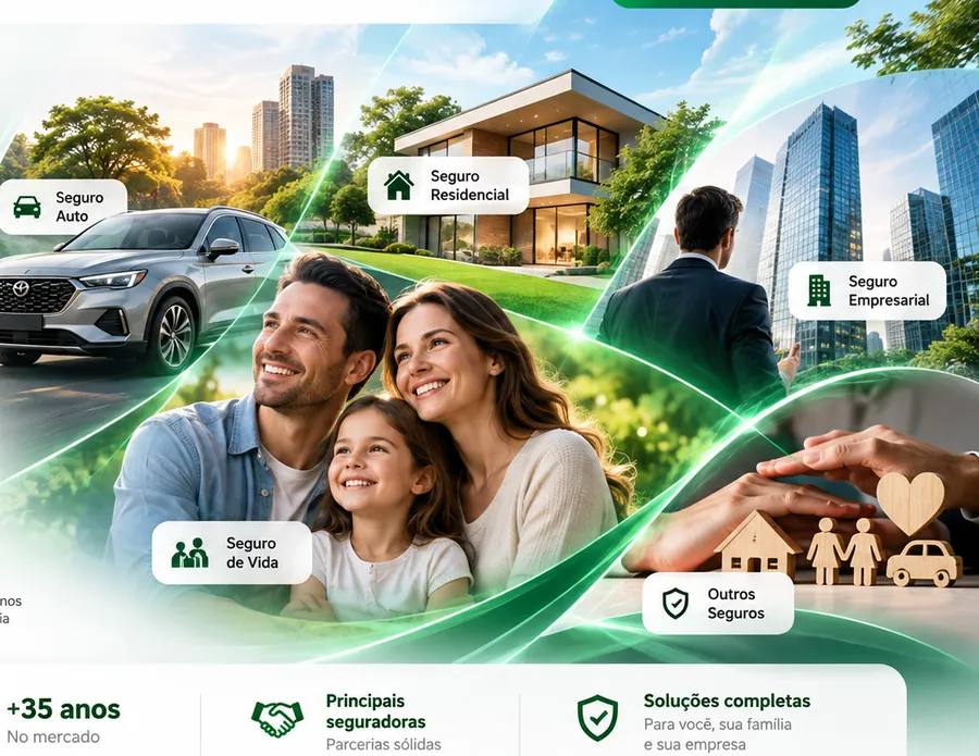 Família, residência e automóvel representando as principais soluções de seguros da Gerencial